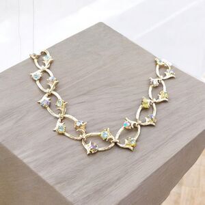 VTG RARE Rousseau Choker Necklace Iridescent Rhinestones on Gold Color Links 15"